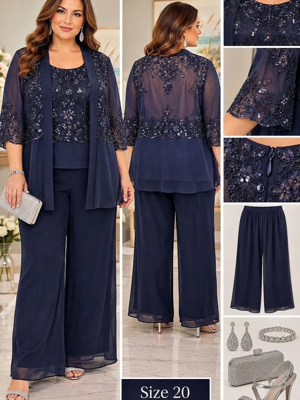 Coloratura Beaded Wide Leg Jumpsuit in Blue Size 20 NWT